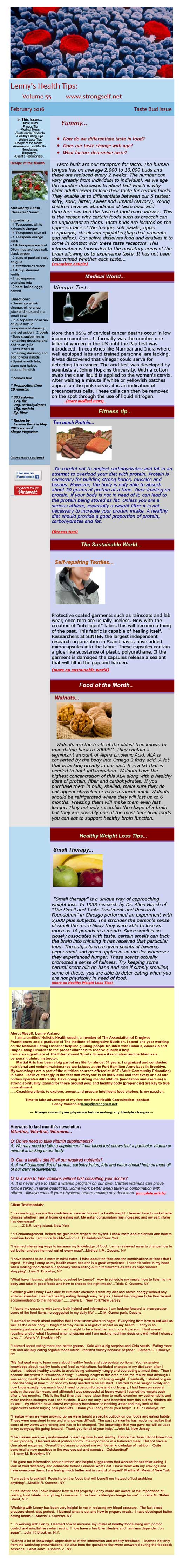 February 2016 Healthy Tips Newsletter from certified Holistic Health Counselor Lenny Variano